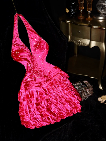 Barbie Pink Cute A Line Halter Beaded Layered Satin Short Homecoming Dress Party Dress HZ1023
